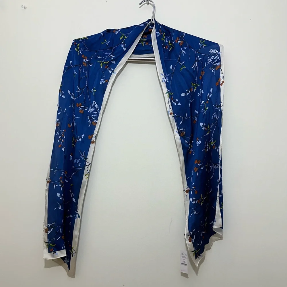 NWT White House Black Market blue floral 100% silk scarf 80”L x 12”W